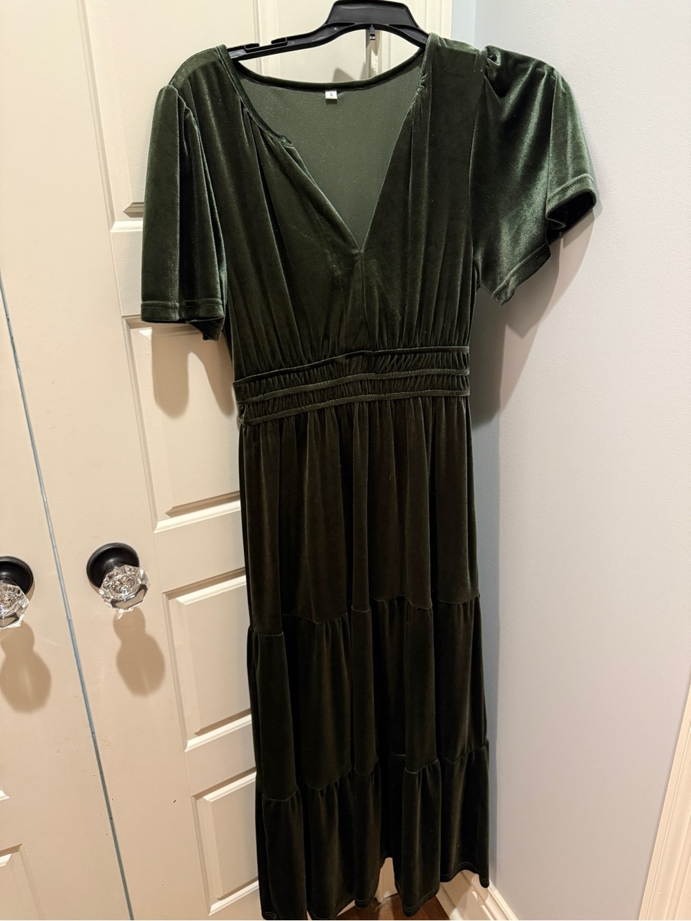 Amazon Olive Velvet V-Neck Tiered Maxi Dress